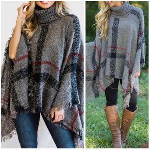 Gray plaid soft turtleneck poncho